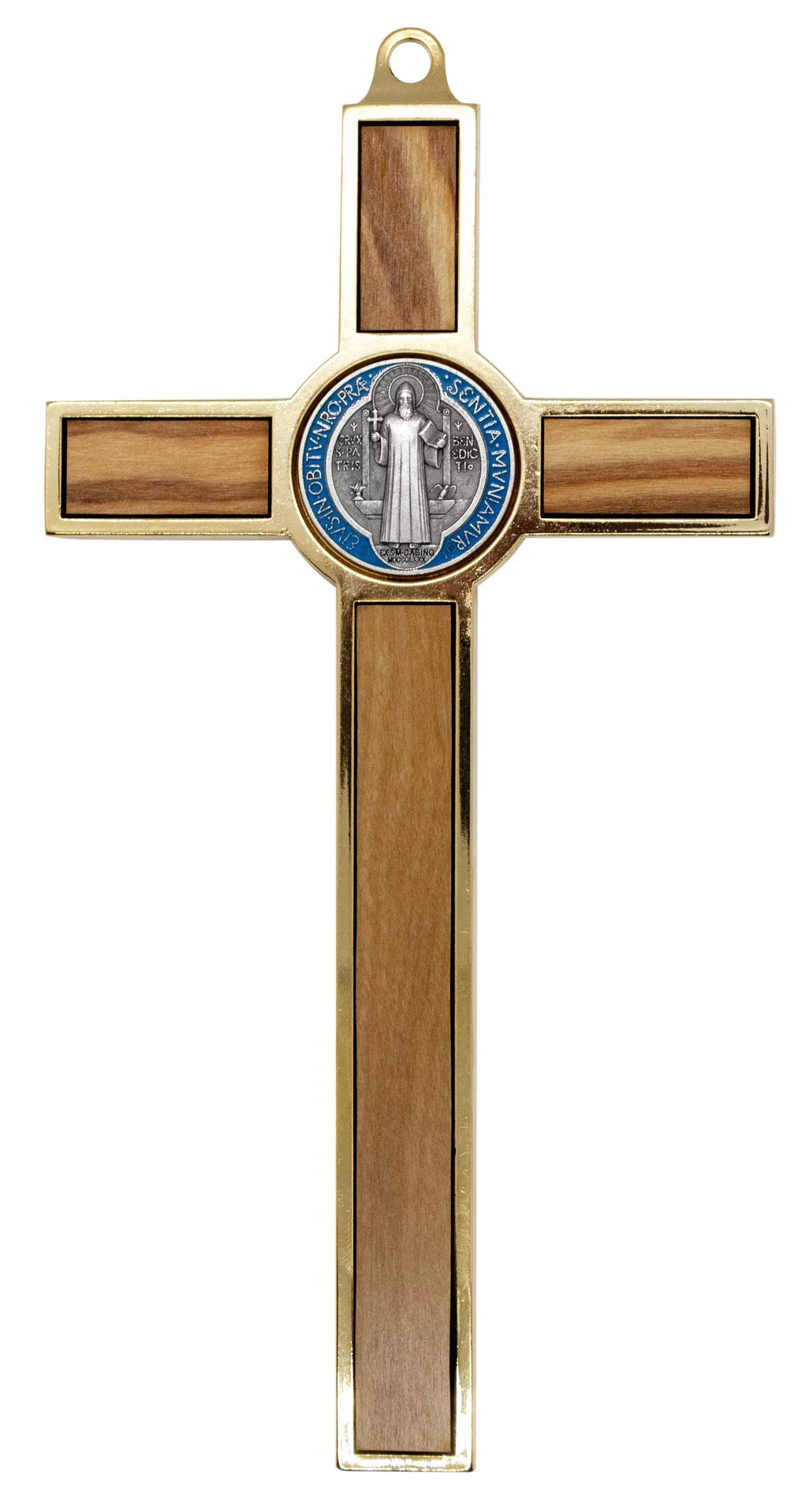 Colored St. 7.75" Gold-Tone and Wood Benedict with Inlays Crucifix Medal