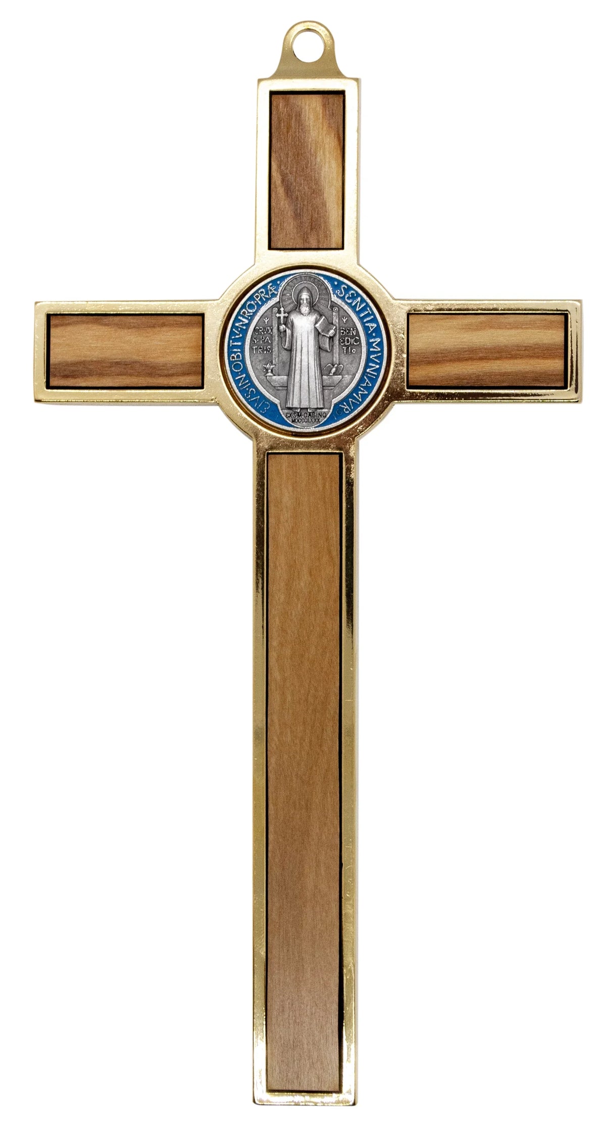 Colored St. 7.75" Gold-Tone and Wood Benedict with Inlays Crucifix Medal