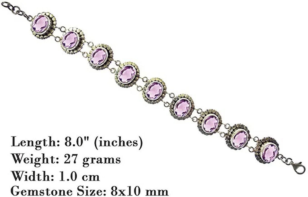 Unique Designer Sterling Beautifully 7.5” Silver Gemstone Length Gypsy Handcrafted 925 for Amethyst Inch / Genuine Tribal Ethnic Fashion Purple 8” Bracelet Women Adjustable to