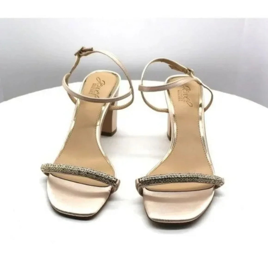 9.5 Dress Charlee BADGLEY Block Strap Sandal Rhinestone MISCHKA Womens Ankle Heel Buckle Heeled JEWEL M Beige Toe Round