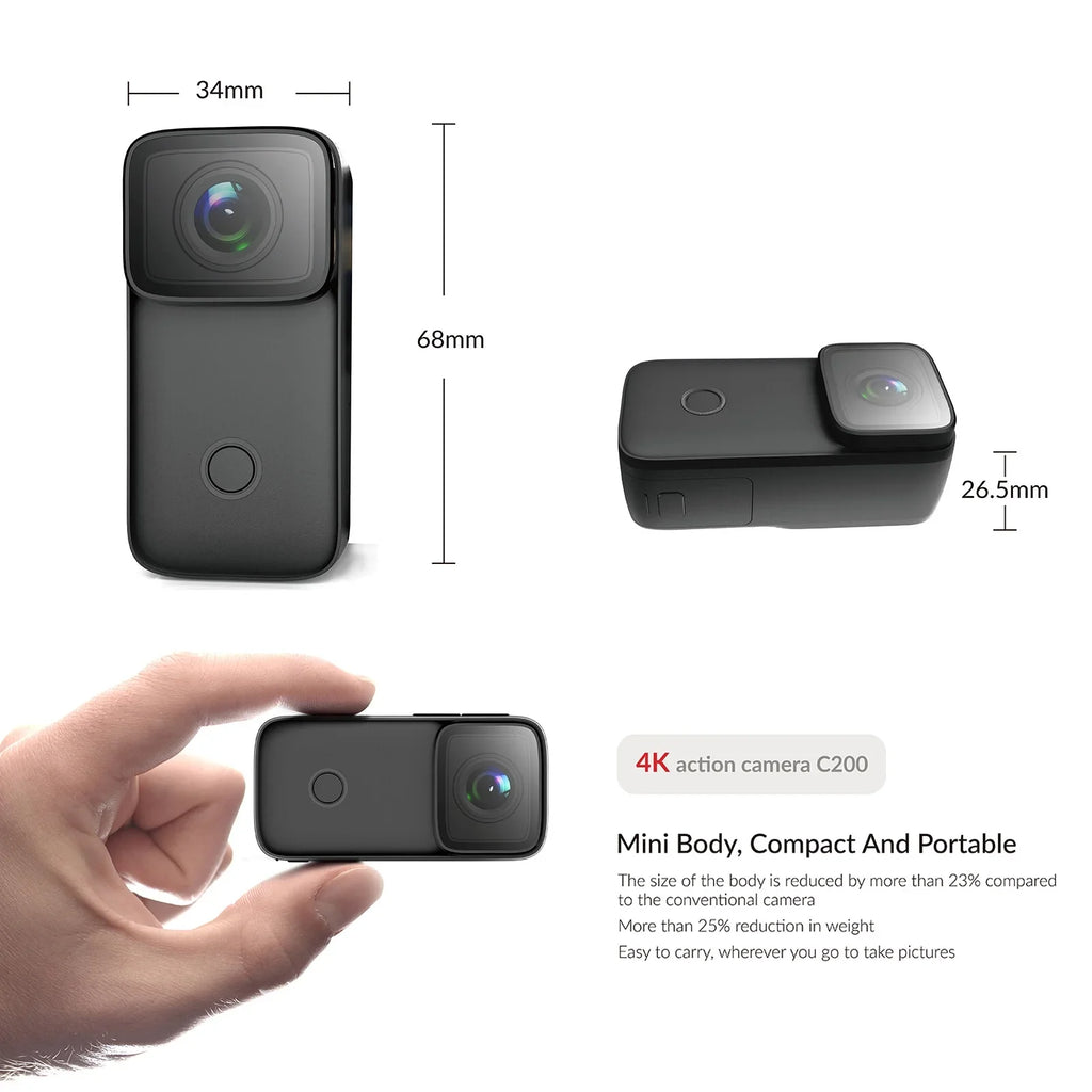 WiFi Vision with Action Rechargeable 4K Built-in IPS Face 1.28 Body Supports Battery Night Inch Anti-Shake 5M Recognition 6-Axis C200 Waterproof Camera Screen Mini SJCAM