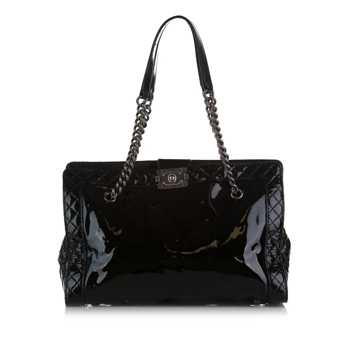 Shopping Reverso Tote (Good) Tote Chanel Patent Bag Authenticated Boy Leather Black Pre-Owned Unisex