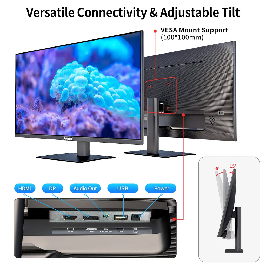 Supports Gaming Full Display 27" 1080P Bezel-less PC and HDMI DP 165Hz, Monitor (Black) HD Gawfolk