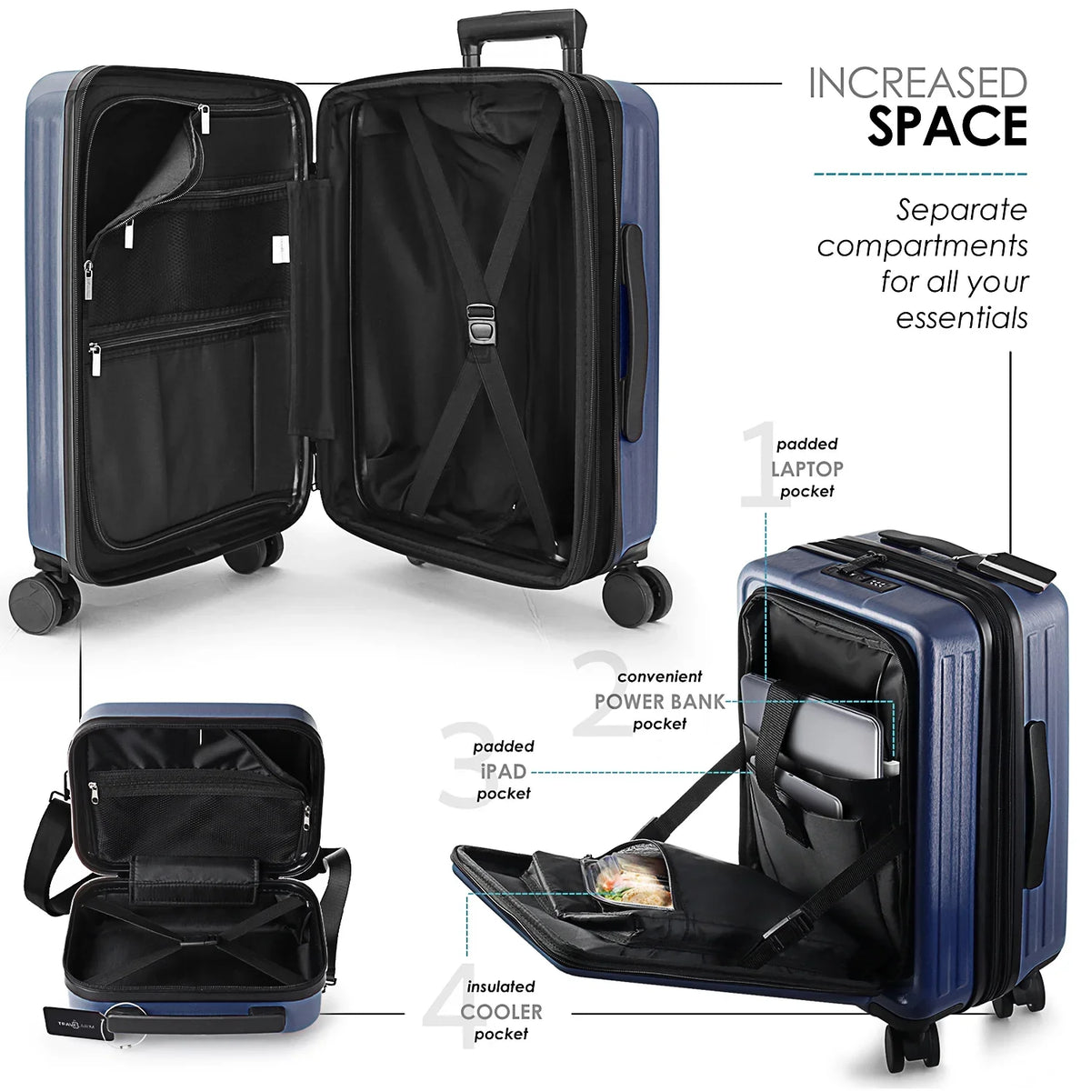 Set, Set, StorageBud Suitcase Luggage Navy 4 Piece Blue Spinner Luggage Hardshell Exapandable