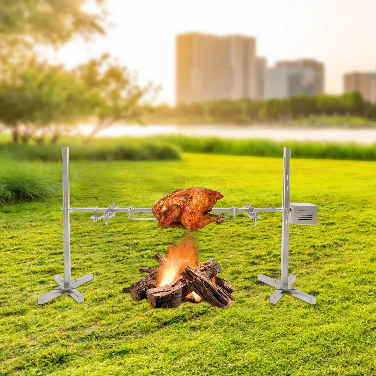 Large ZhdnBhnos Roaster Electric BBQ Lamb Stainless Cooker Chicken Outdoor 15W 53'' Kit Pig Spit Barbecue Steel Picnic Grill Rotisserie