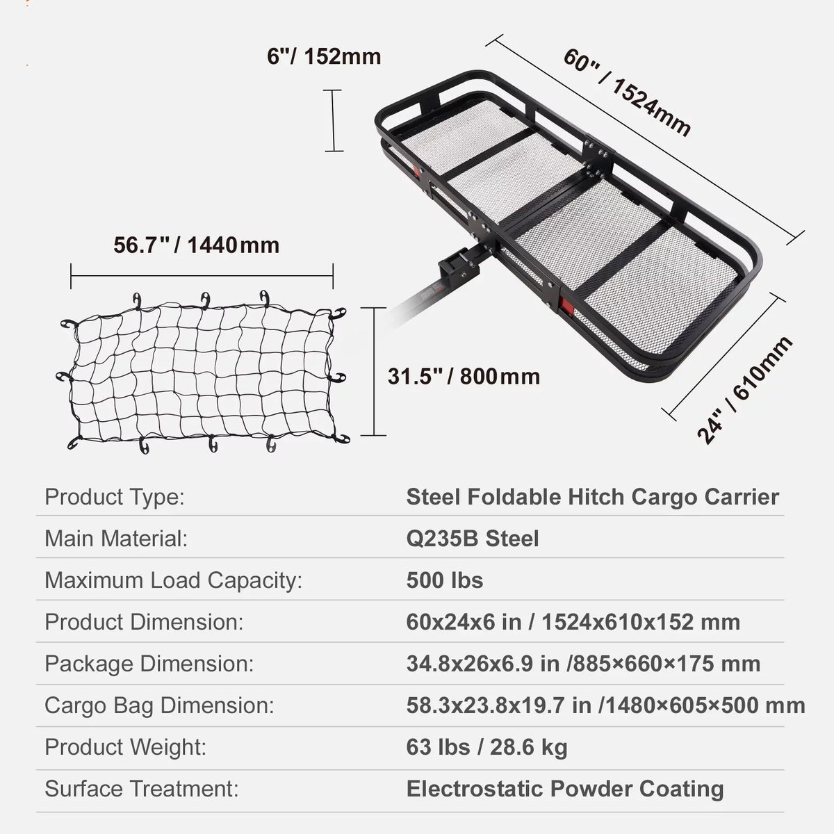 Cargo with Steel Foldable Net Waterproof Straps Hitch BENTISM Receiver 2" Fits Carrier Bag Cargo Basket 60x24x6in 500lb Cargo Mount Ratchet