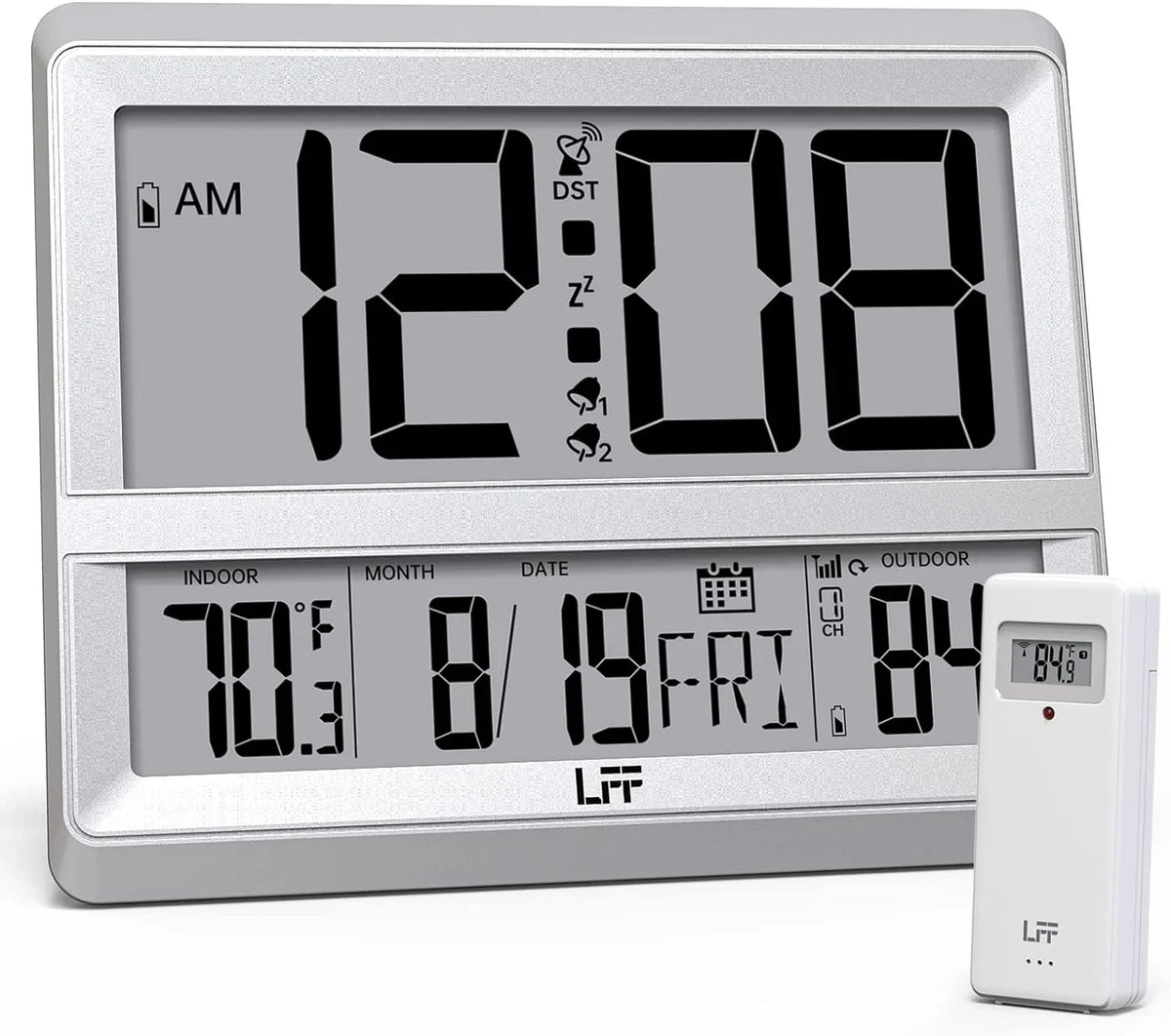 Digital Outdoor Display, Wall with Outdoor Sensor, Clock Bedroom, Indoor for Clock Wireless Atomic Read, Temperature and Sliver Alarm Large Desk to Clock Easy Date, Digital