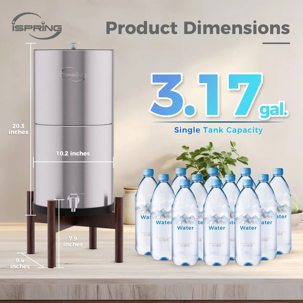 with 2 Reduction,Portable with Water System Water Countertop iSpring Water DGF2-DW Dark Wood Filter Base,3.17 Gallons Gravity-Fed Filters,Chlorine Filter Carbon Stainless Steel Activated