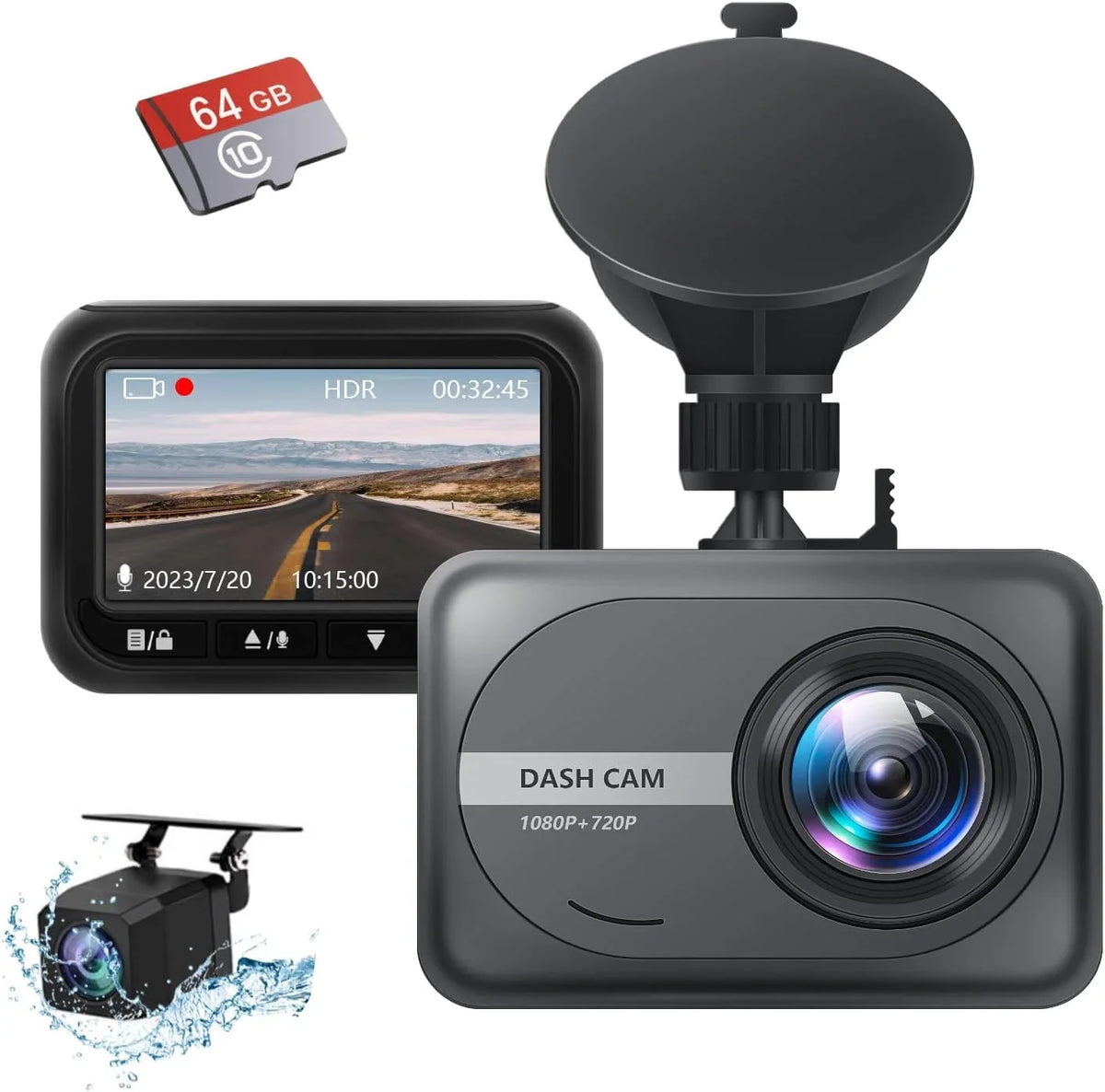 64G HD inch 2.45 WDR, IPS 2 Night and Dash SD Screen, Cars, Front for Cam Camera , Vision, Full 1080P Dash Rear,