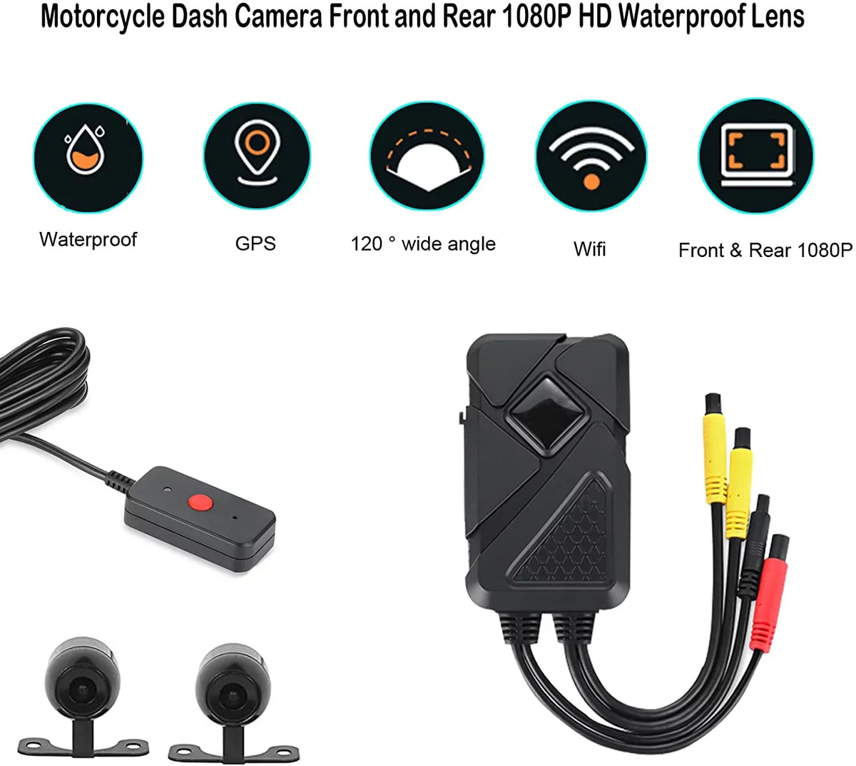 Wide Angle Recording Dash Waterproof Camera Camera 120° Wi-Fi, Motorcycle Waterproof Front Lens with 1080P GPS and HD Rear