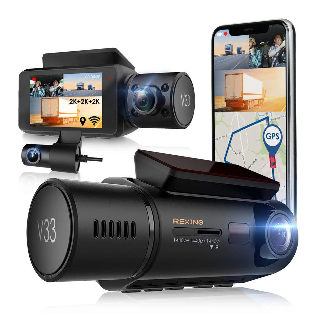 Front, Built-in Cabin 3 Camera Rear & Wi-Fi 1440p+1440p+1440p with V33 Rexing GPS Channel Dashcam and