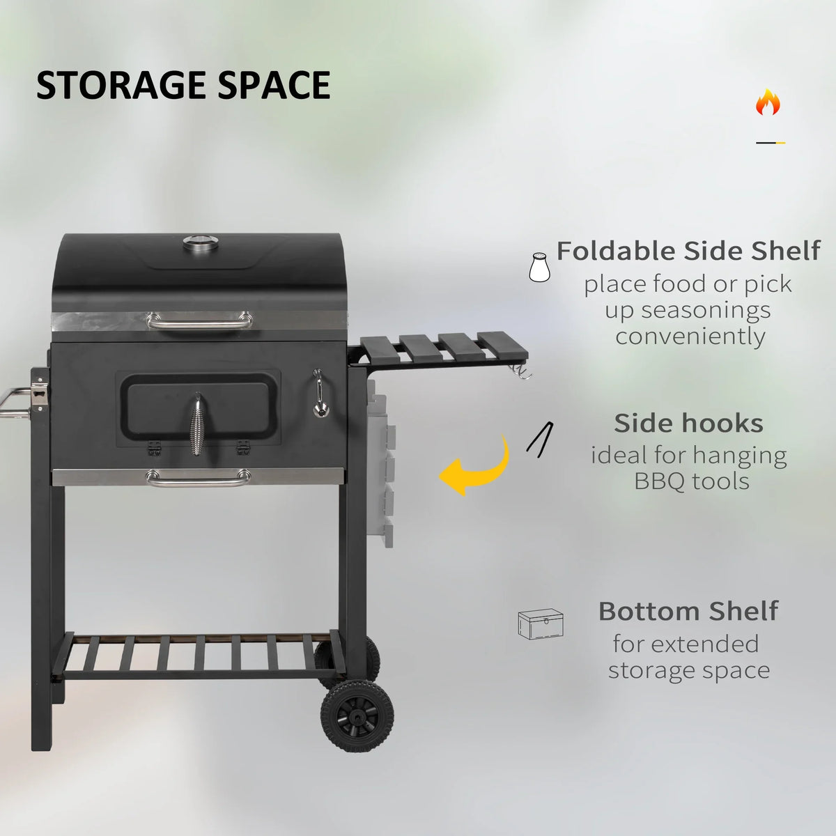 Cooker Portable with Handle, Table, Backyard Grill, BBQ Wheels and Storage Outdoor Or Camping Black Charcoal for Picnic Side Bottom Homiyad Shelf,