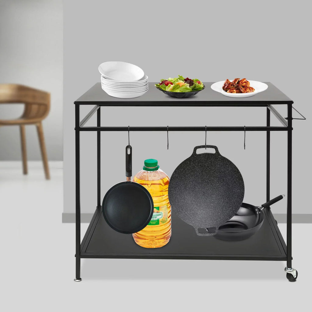 Movable Cook Outdoor Food Serving Station 2-Tier Grill Table Rack Shelf Cart BBQ Prep
