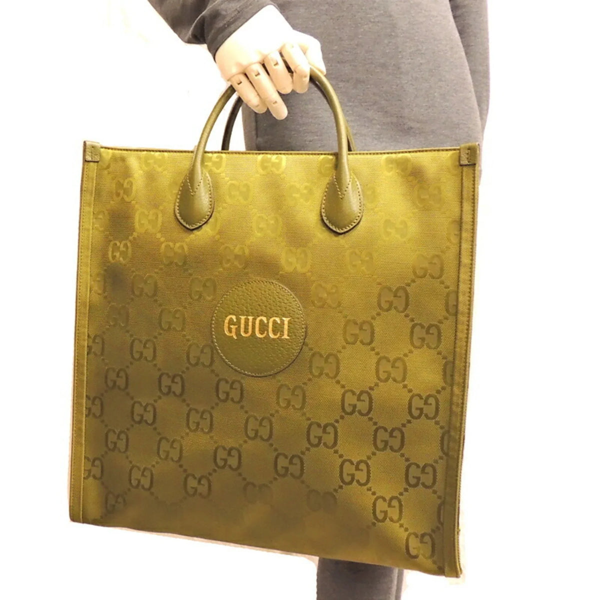 Only) Off The Forest Recycled Lining Grid Gucci Bag GG Tote (Day Green 696043 Medium Nylon (Good) Pre-Owned Ladies