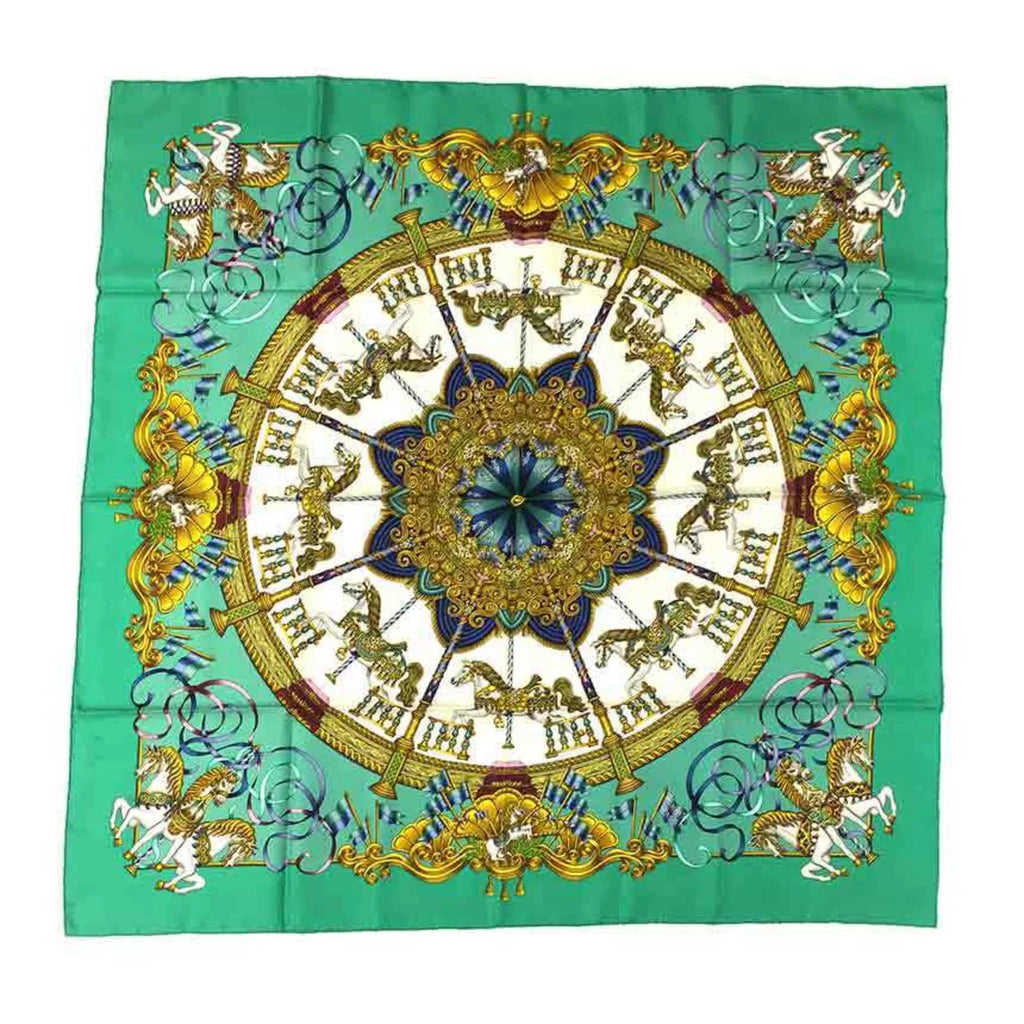 90 Embroidery PARK aq5159 Silk Park Pre-Owned Carousel HERMES Amusement Green Muffler (Good) Hermes Carre 100% LUNA Scarf