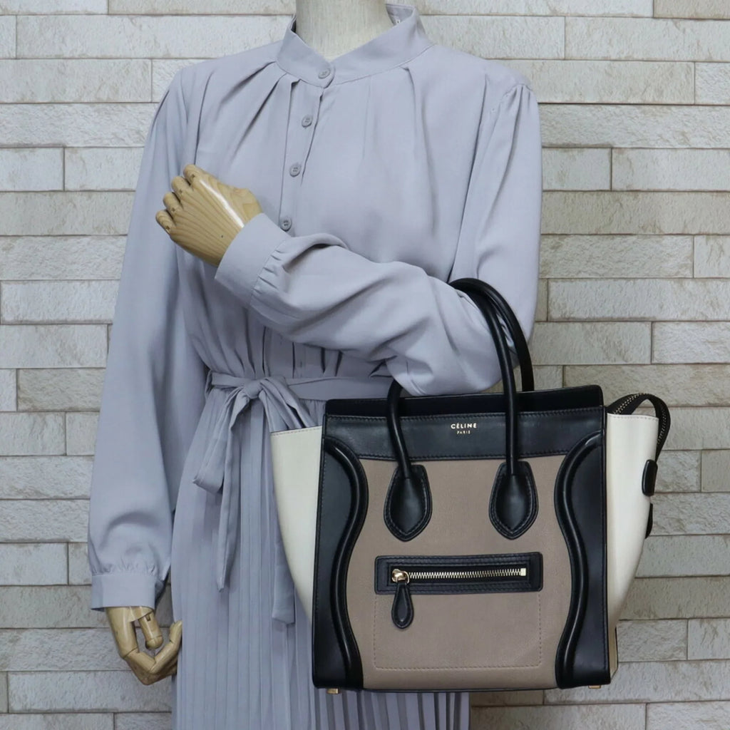 Celine Micro Shopper Leather Beige Luggage Handbag Ladies (Good) Pre-Owned