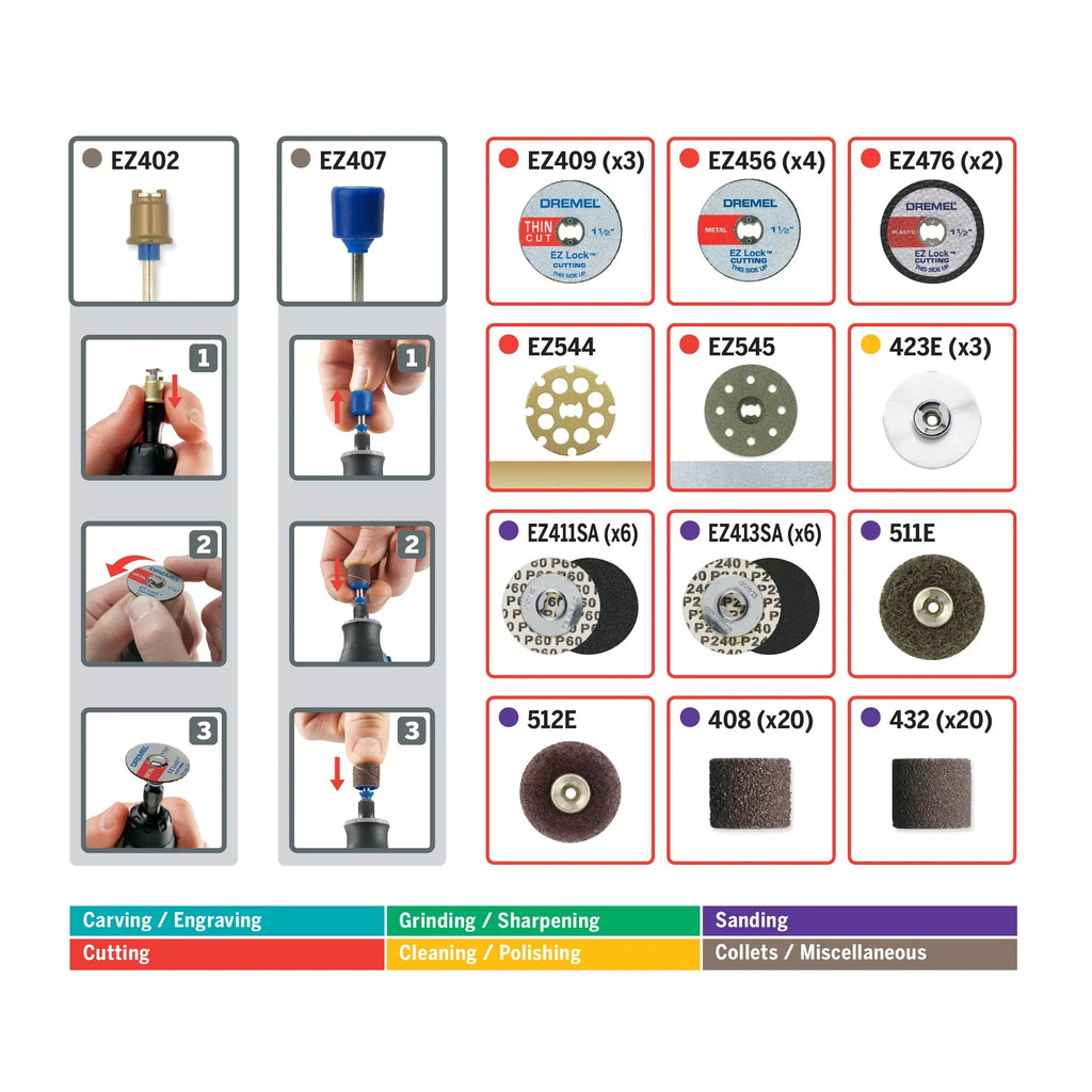 EZ Polish, Accessory Drum Cut, Mandrels 70-Piece to Storage Rotary Sand Tool and Dremel Accessory for All-Purpose Clean, Faster and EZ EZ725 Accessories EZ-Lock Kit, Changes,
