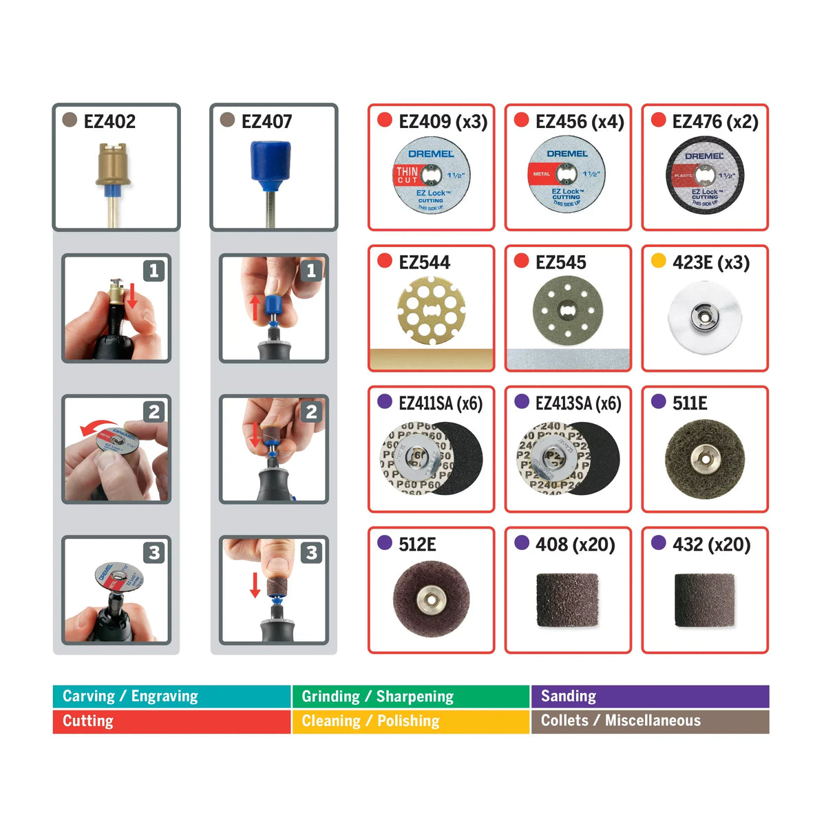 EZ Polish, Accessory Drum Cut, Mandrels 70-Piece to Storage Rotary Sand Tool and Dremel Accessory for All-Purpose Clean, Faster and EZ EZ725 Accessories EZ-Lock Kit, Changes,