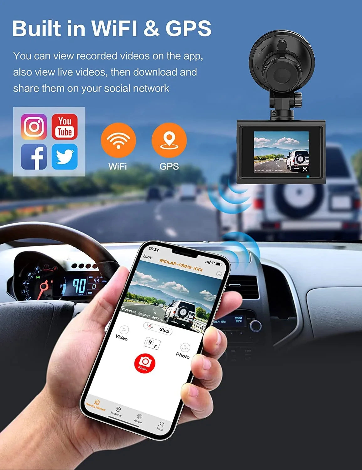 for Vision, SD Dash Mode, Inch Cam 2 Wide Front WIFI, with Rear 4K Night and Camera SD Recording, Card, Angle, Dash Dash Dual Cam Card GPS Loop Included 64GB Parking with Cars,