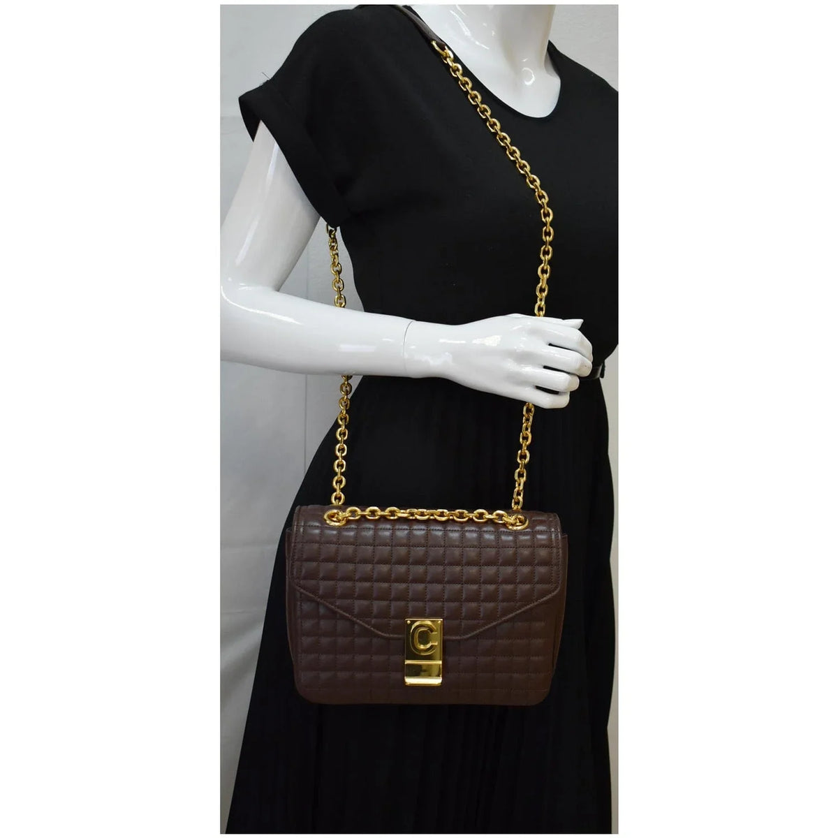 Bag C Medium Pre-owned Leather Crossbody Quilted CELINE Khaki