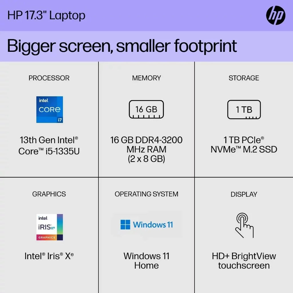 Keyboard, 17.3" Backlit i7-1355U, Win11 RAM, Core Laptop, SSD, Intel HD 32GB 1TB HP Touchscreen Home