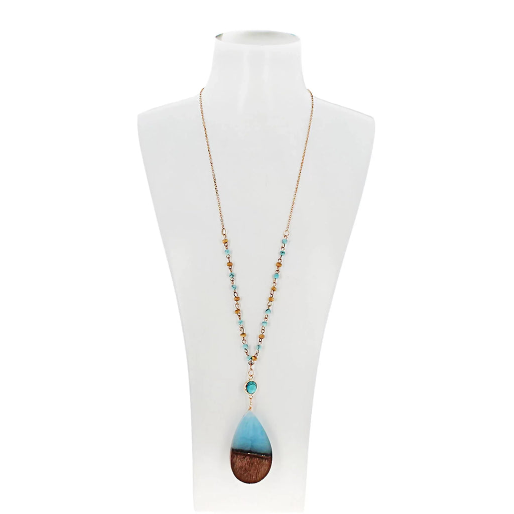 Anniversary Resin Wood Boutique | Necklace Wood Women, Gift Chain Tenes Beaded Blue Box Pendant Inc Aqua for