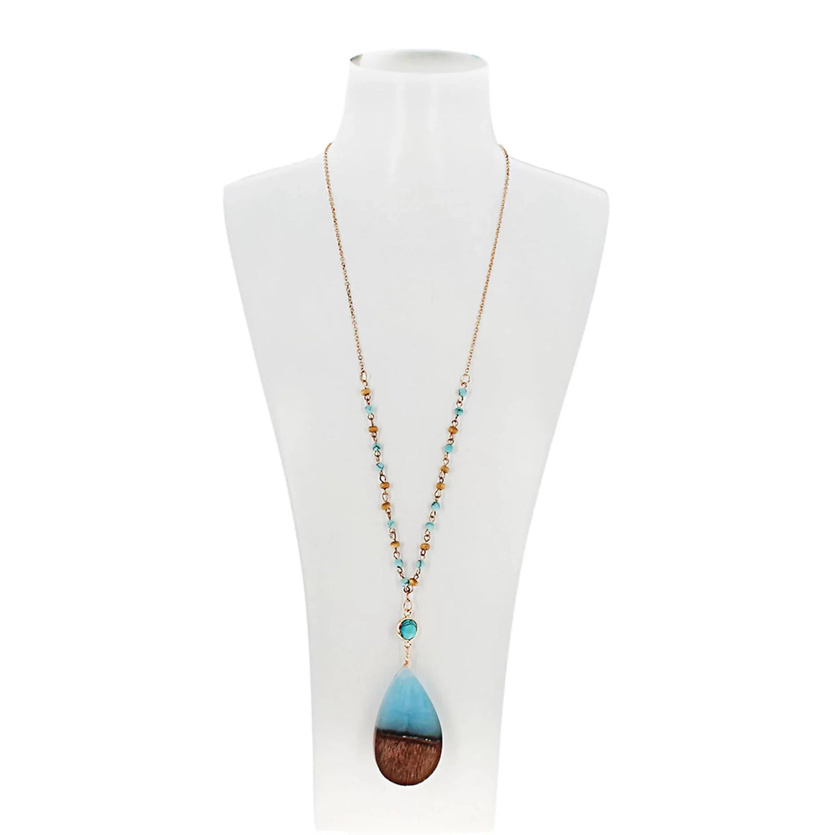 Anniversary Resin Wood Boutique | Necklace Wood Women, Gift Chain Tenes Beaded Blue Box Pendant Inc Aqua for