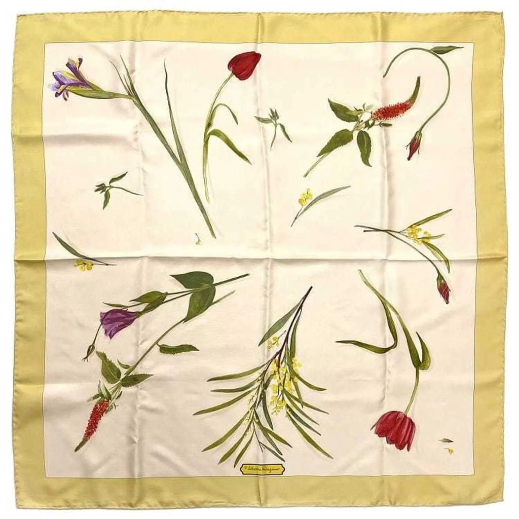 Silk Accessories Pre-Owned Scarf Ferragamo Flower Salvatore (Good) 100% Fashion Pink Yellow Women's