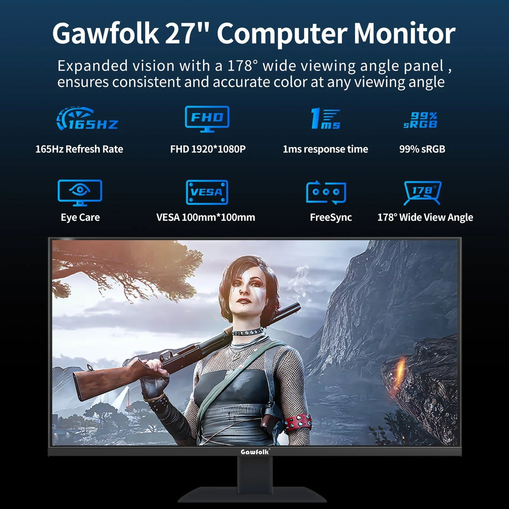 Supports Gaming Full Display 27" 1080P Bezel-less PC and HDMI DP 165Hz, Monitor (Black) HD Gawfolk