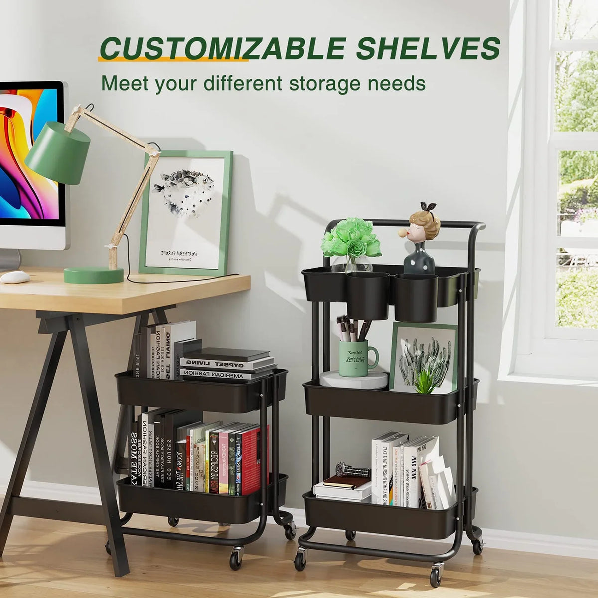 Storage Cart Black Rolling Organizer Multi-Functional with Multifunctional Office Living with for Annvchi Kitchen Wheels3-Tier, Trolley, Cart, Storage Utility Handle Storage Room Shelves