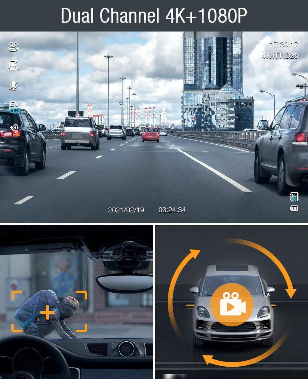 Parking Car Screen Front 3" 4K+1080P TOGUARD G-Sensor Loop Mode Inside and Camera LCD Cam Dash Dash 4K Recording Camera