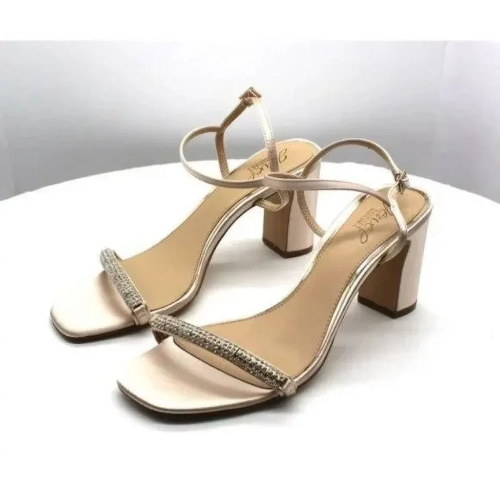 9.5 Dress Charlee BADGLEY Block Strap Sandal Rhinestone MISCHKA Womens Ankle Heel Buckle Heeled JEWEL M Beige Toe Round