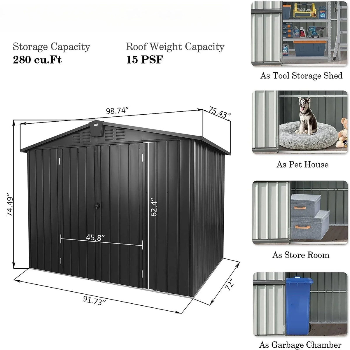 Shed, Storage 6.2' for Lockable Lawn, for Can, Storage Trash Outdoor Metal Steel Bike, Galvanized Capri Patio, Black Outdoor Garden Shed Cabinet Door with 8.2'x Backyard,