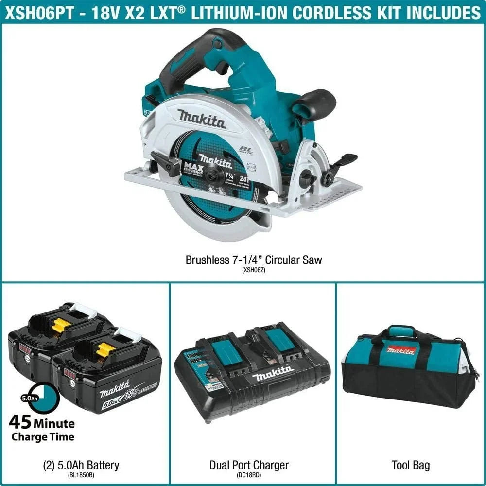 X2 XSH06PT Makita 7-1/4 Circular Kit Brushless Saw Cordless 36V Lithium-Ion 18V LXT 5.0Ah