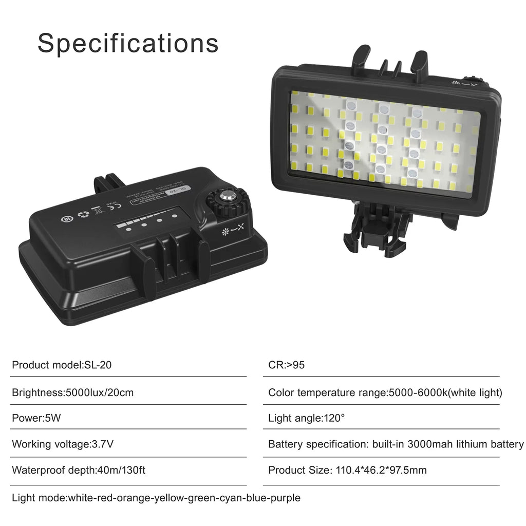 CRI95+ Dimmable Fill Built-in GoPro Rechargeable Underwater Diving Andoer Video 40M Photography Battery Waterproof Modes Replacement for Snorkeling Underwater 8 for Video SL-20 IPX8 RGB