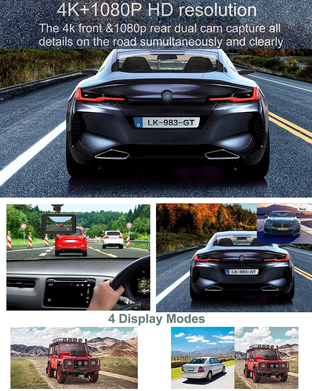 for Vision, SD Dash Mode, Inch Cam 2 Wide Front WIFI, with Rear 4K Night and Camera SD Recording, Card, Angle, Dash Dash Dual Cam Card GPS Loop Included 64GB Parking with Cars,