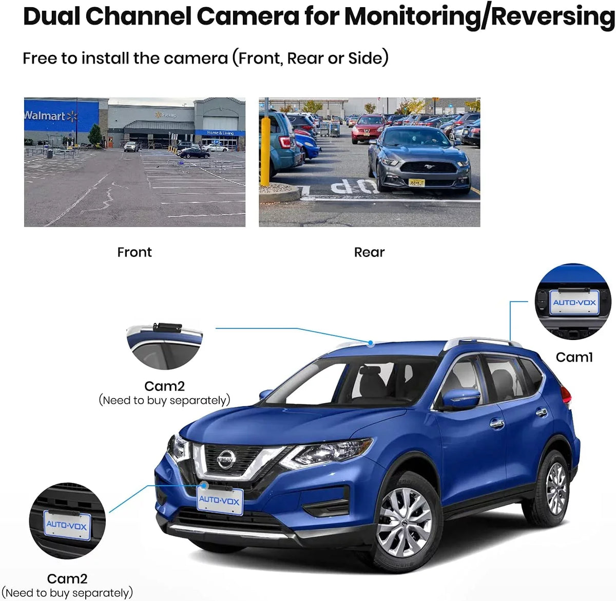 (TW1) Camera No Installation Auto-Vox Channel Reverse Camera Wireless Camera, Backup Wiring Backup Car 2 Camera, Dual Support