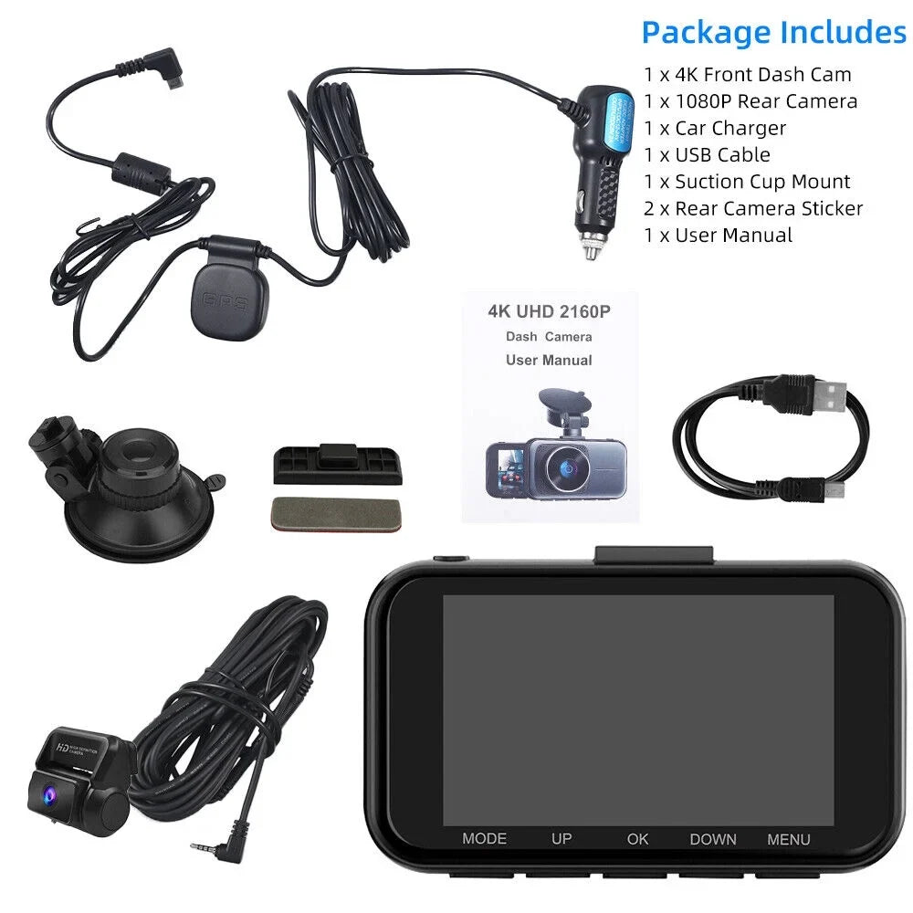 Rear 256GB Front Mode Support Parking Dual Wide Vision Full Dash Max 3 Cam 4K/2.5K+1080P 3.16" 24H ONEMAYSHIP Channel HD Night WDR Angle