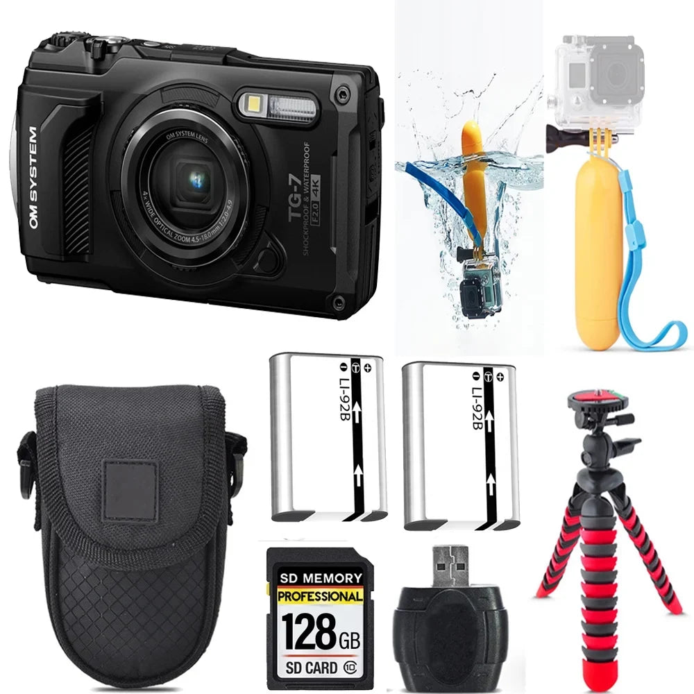 Digital Floating Case + +Tripod Grip Battery + SYSTEM -128GB Tough OM Hand Kit Camera (Black) Extra Olympus + TG-7