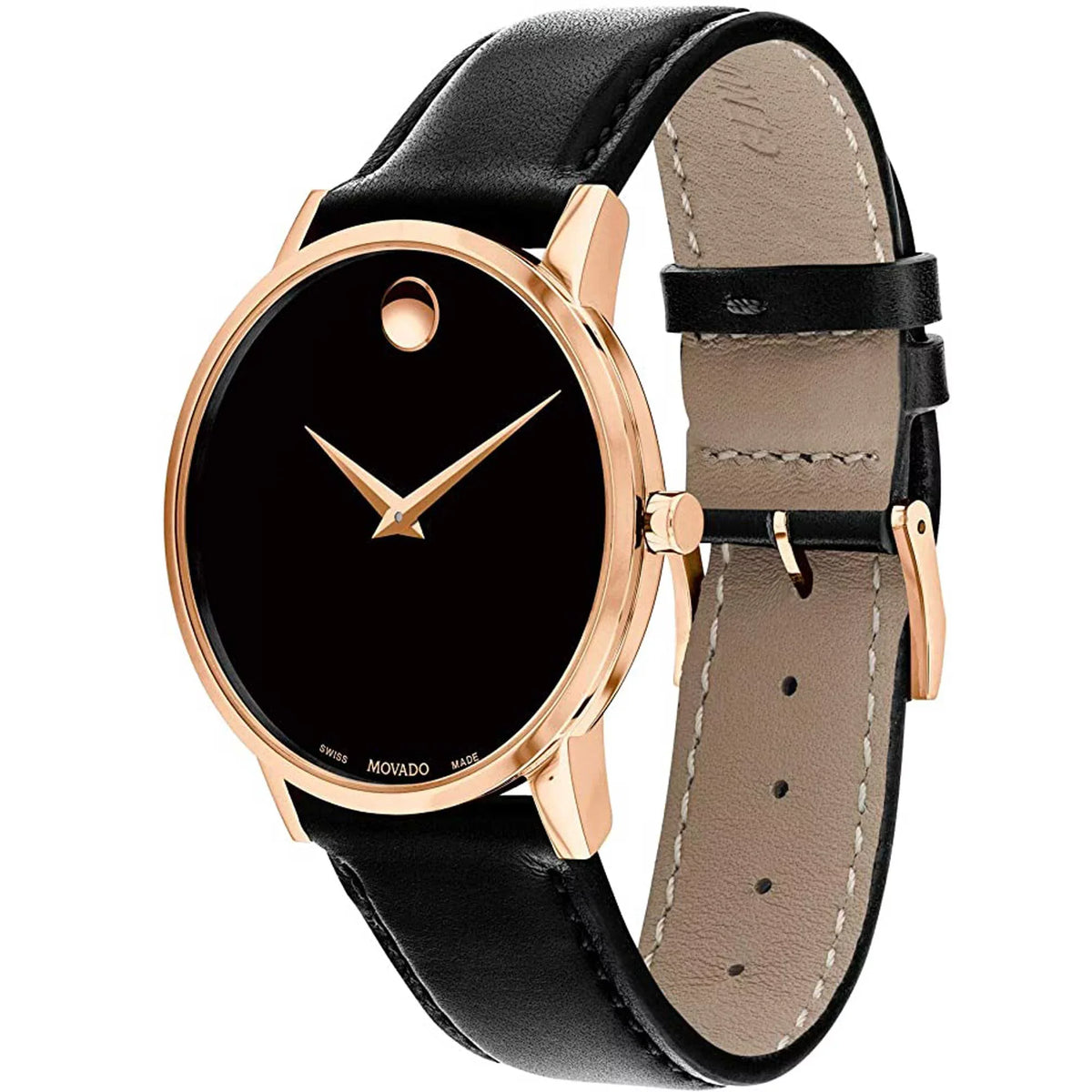 Movado Classic Black Watch Museum Rose 0607315 Leather Gold Men's