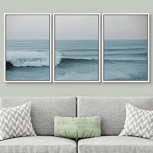 Surfers Modern Angle Wall Chic Art Ocean Waves White Art for PixonSign Nature Room, 24"x36"x3 Photography Wide Bedroom, and Wilderness Office Framed - Set Rushing Scenic Living Modern