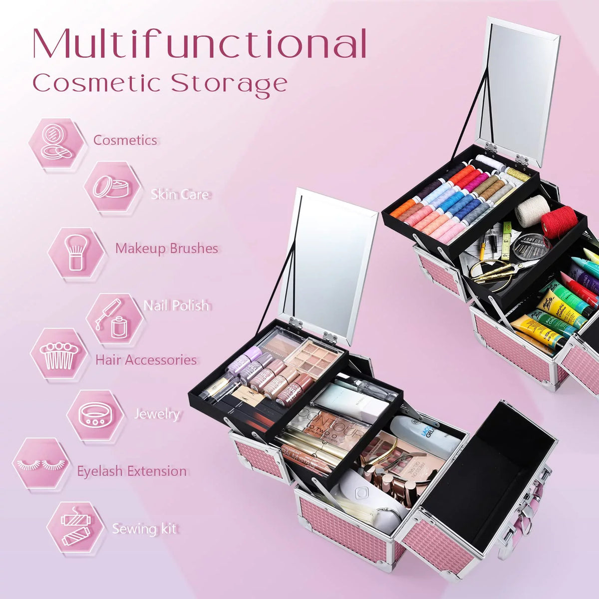 Joligrace Lockable Train 2 Makeup Case Case Organizer Trays with Box Makeup Cosmetics Mirror