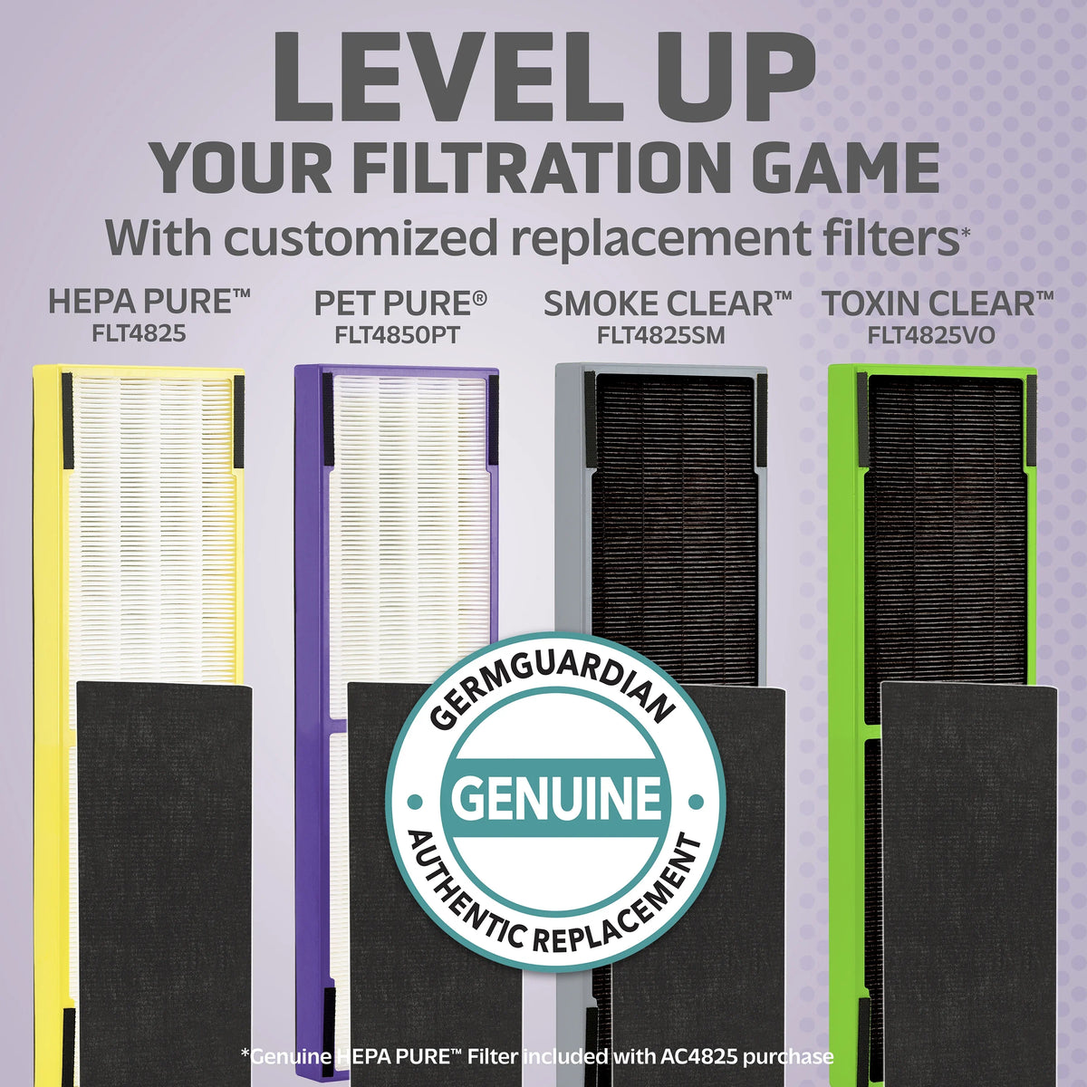 Replacement Air 4-Pack, for HEPA B Purifiers, Genuine Filter FLT48254PK Pure GermGuardian Filter