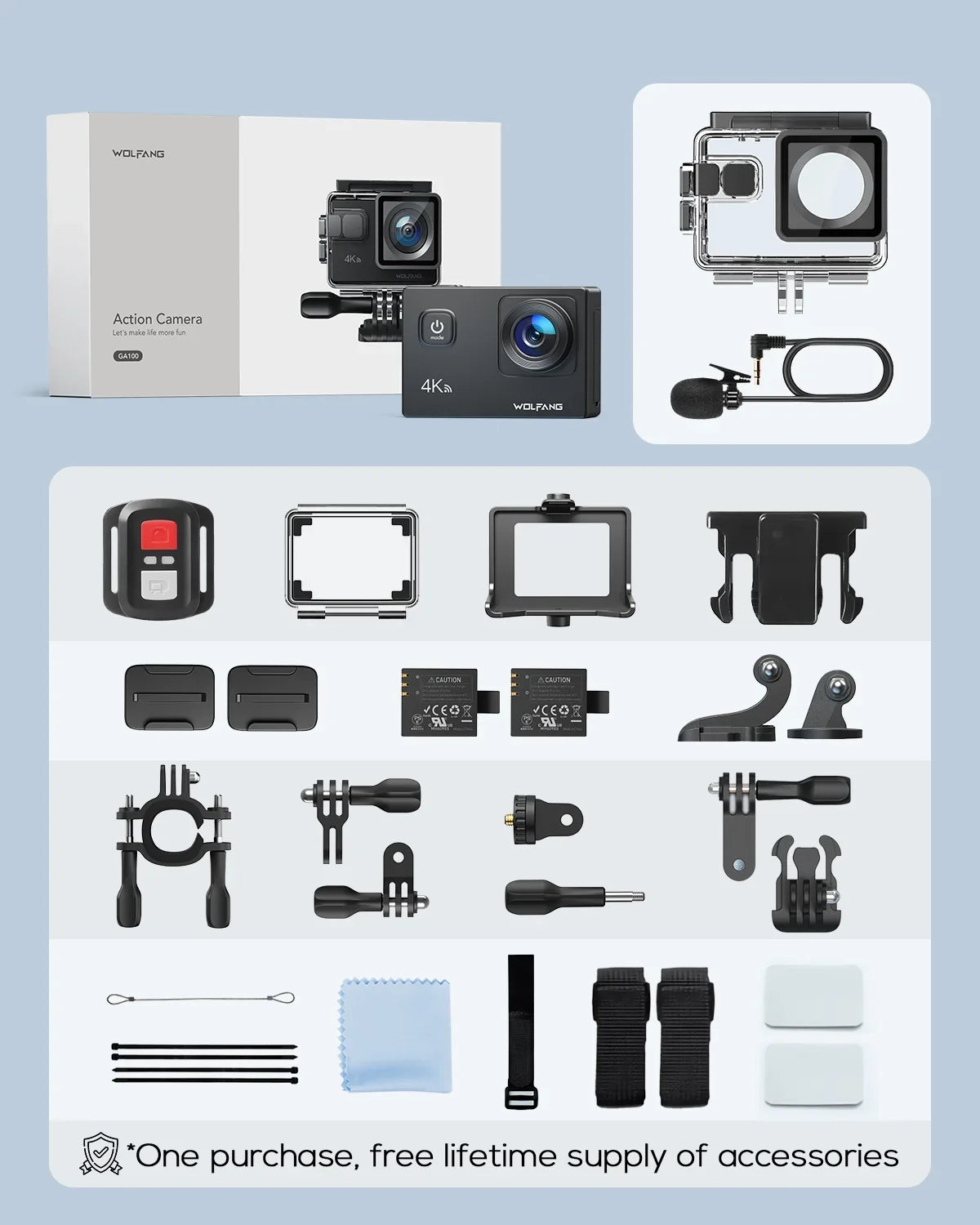 40M WiFi Waterproof Action EIS 20MP Underwater Camera Camera WOLFANG Cam Camera 170� Stabilization Action Video 4K