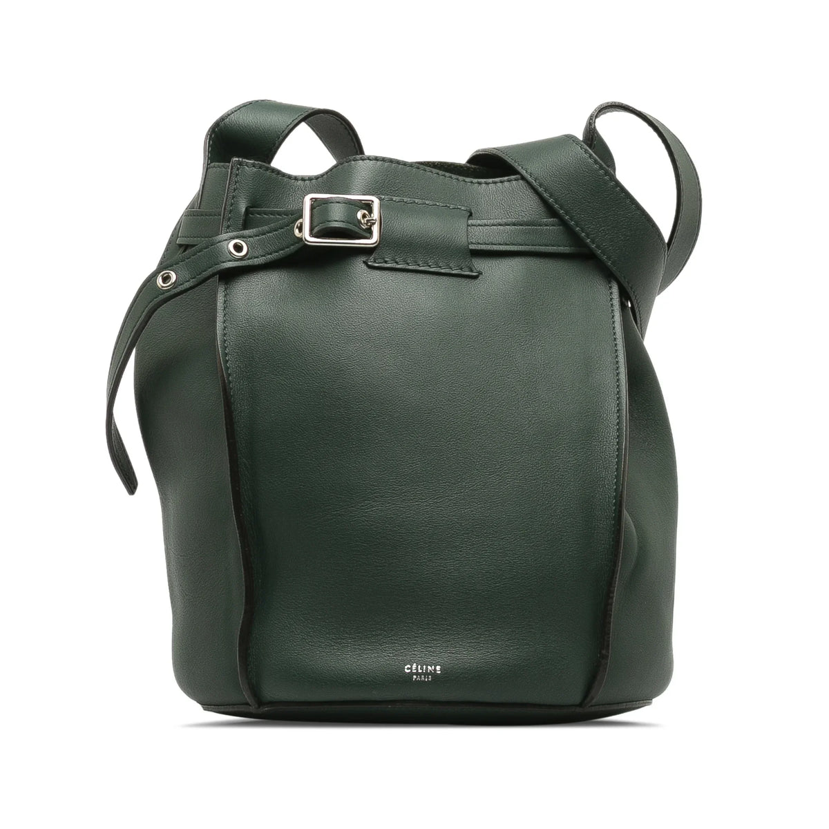 Authenticated Big Pre-Owned Unisex Bucket Leather Bag Calf Celine (Good) DrawstringBag Bag Bucket Green