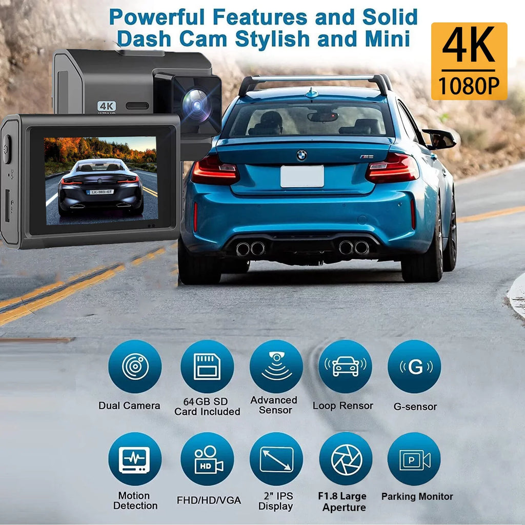 for Vision, SD Dash Mode, Inch Cam 2 Wide Front WIFI, with Rear 4K Night and Camera SD Recording, Card, Angle, Dash Dash Dual Cam Card GPS Loop Included 64GB Parking with Cars,