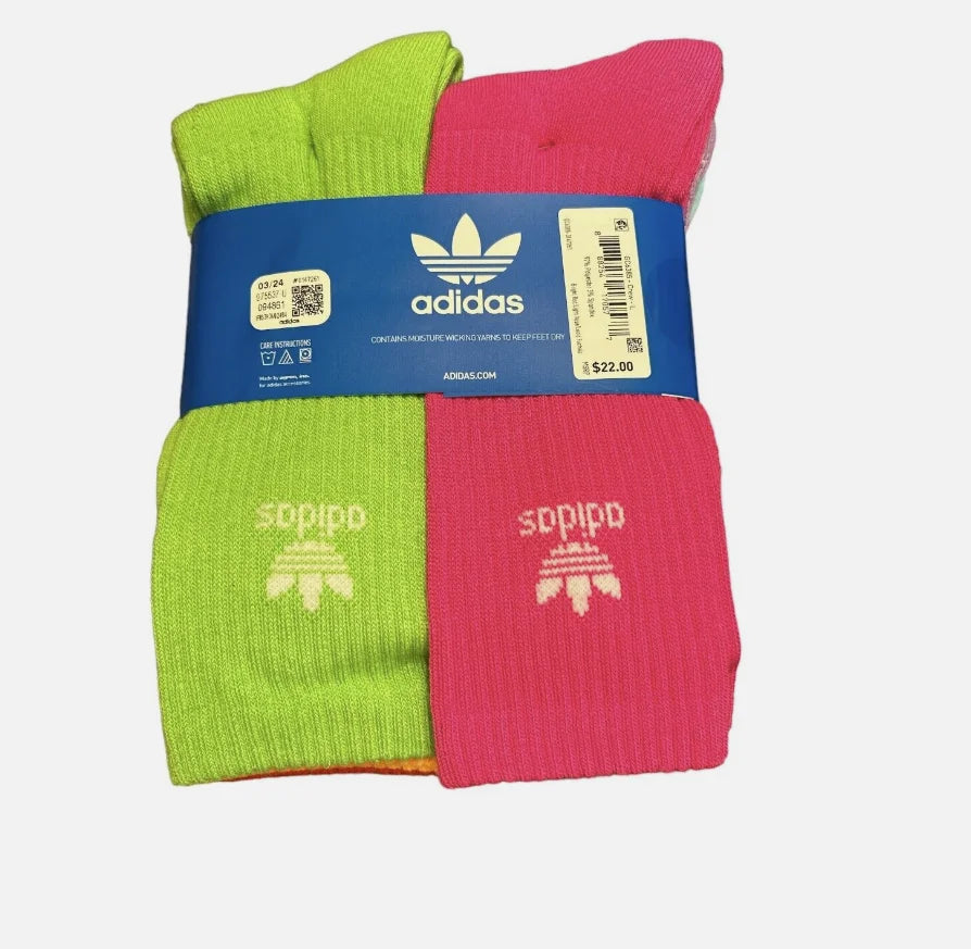 Adidas Youth Socks, Originals Pack, Trefoil Large Crew Multi-colored, 6