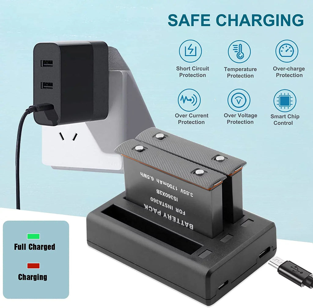 ONE with Insta360 Compatible X2 Camera(Not 3-Channel Insta360 Waterproof) Batteries Replacement and 2-Pack ONE USB X2 360 Charger