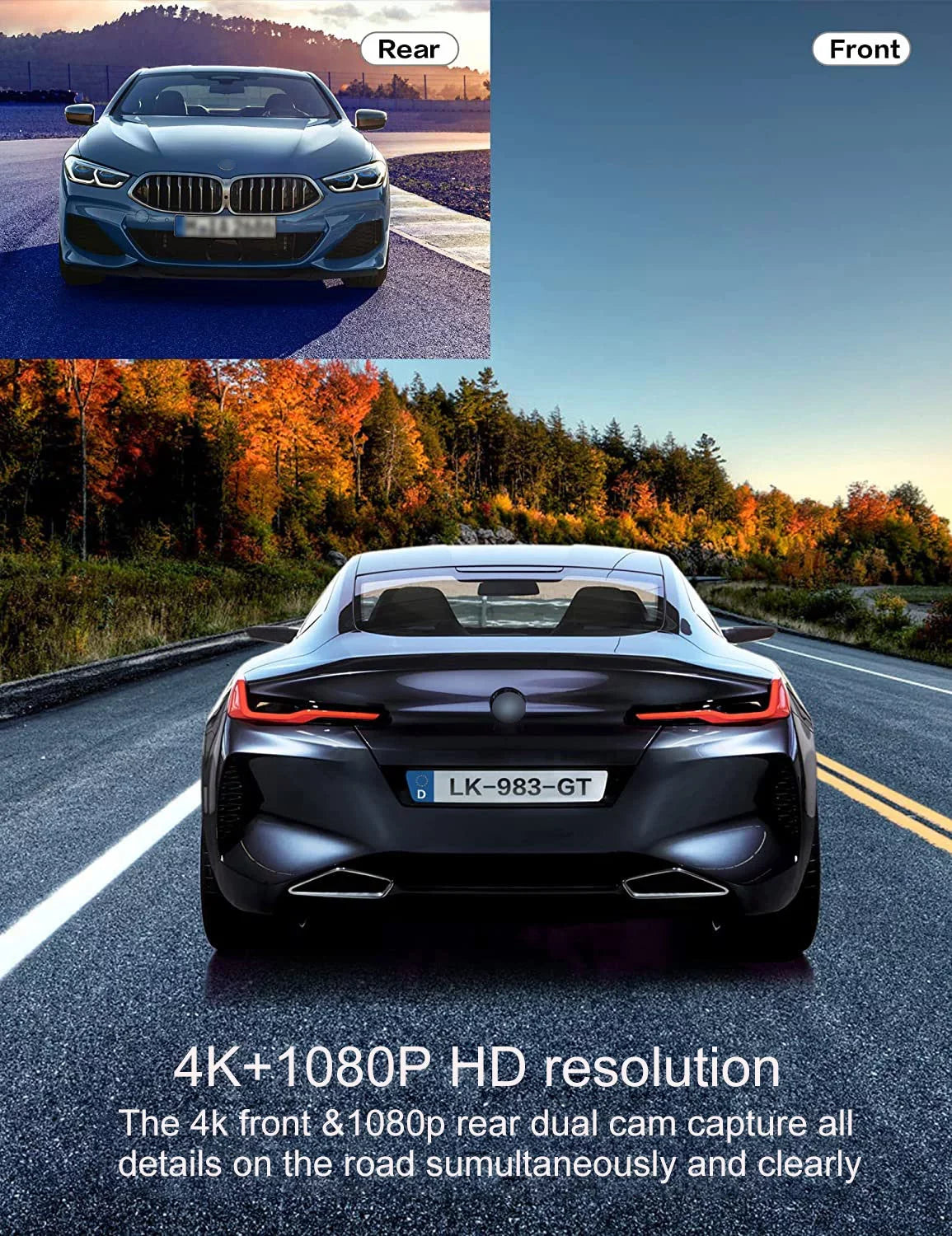 for Vision, SD Dash Mode, Inch Cam 2 Wide Front WIFI, with Rear 4K Night and Camera SD Recording, Card, Angle, Dash Dash Dual Cam Card GPS Loop Included 64GB Parking with Cars,