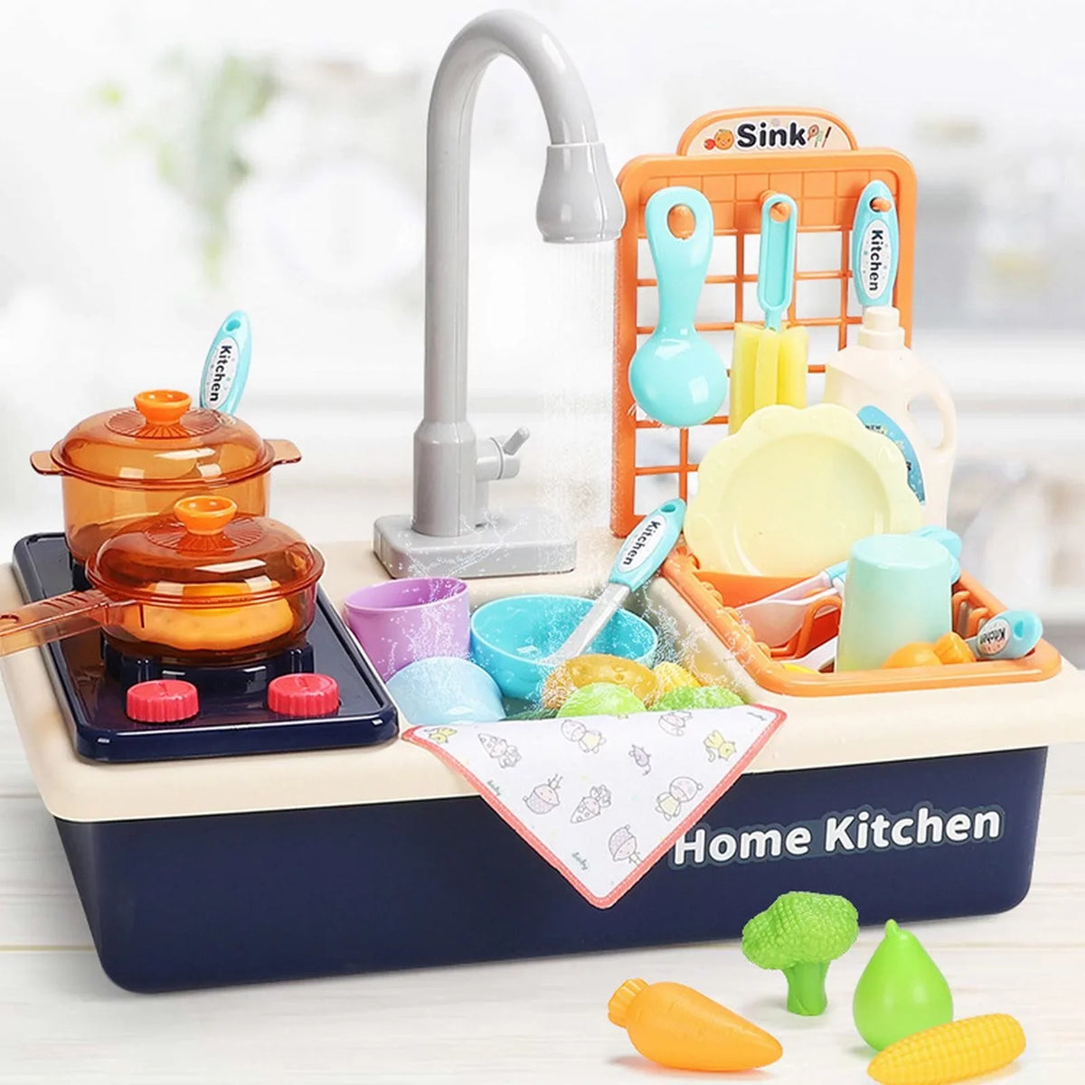 Play Kitchen for Running Role With System Sink Boys Children Play Alphabet Playing Cycle Pretend Electric Toddlers Toys Girls House Toys Dishwasher Toy Automatic Water for Water Game Board Board